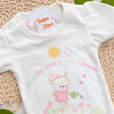 Kit 3 Peças - Bodys Manga Curta Flores Que Fazem o Coração Florescer - Rosa, Off White e Rose